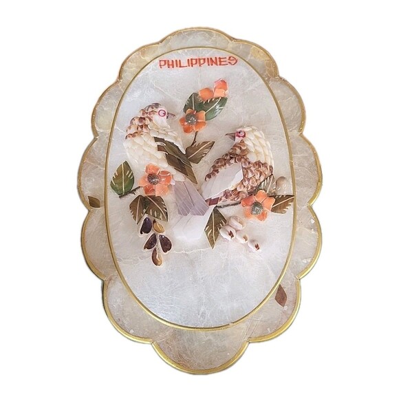 2 Vintage Capiz Shell Scalloped Seashell Art Birds Floral Phillipines Sealed GUC - Picture 2 of 11